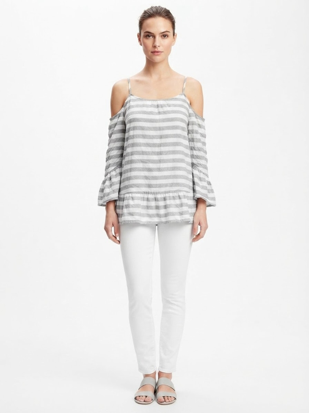 Beach Lunch Lounge Cold-Shoulder Striped Top- Gray & White 100% Cotton